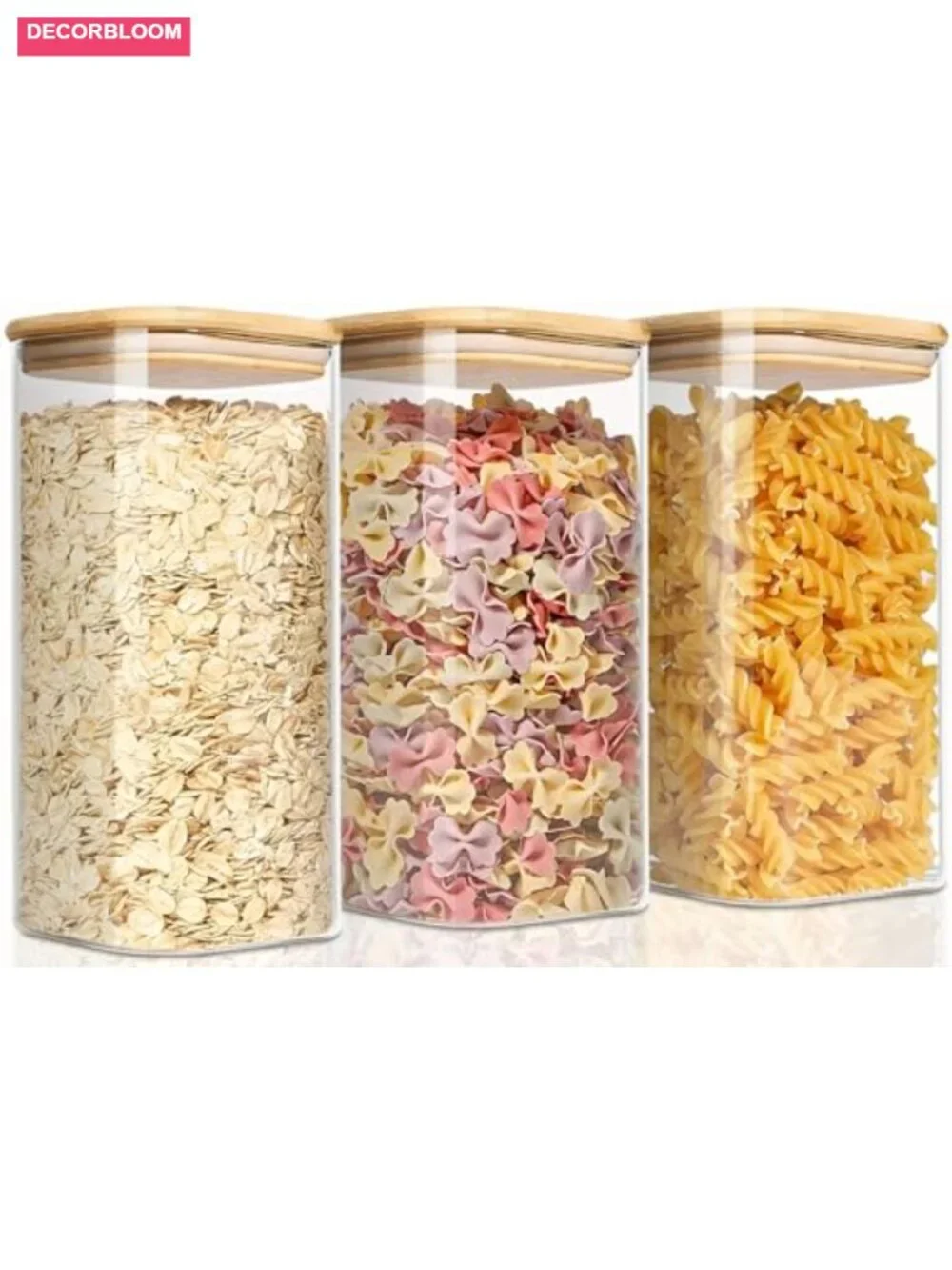 3-Pack 1.6 Qt Square Glass Storage Jars with Bamboo Lids, Airtight Canisters